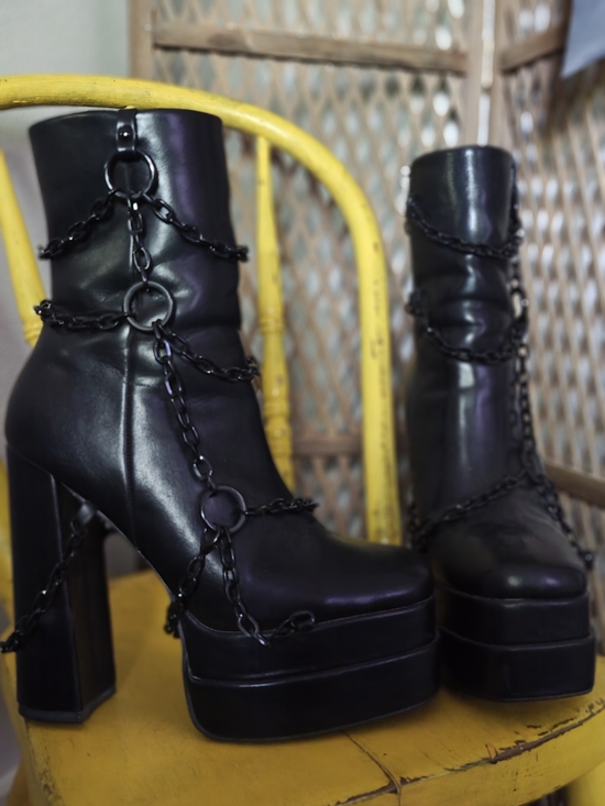 Killstar Shoes - Killstar Black Chain-Accented Platform Ankle Boots